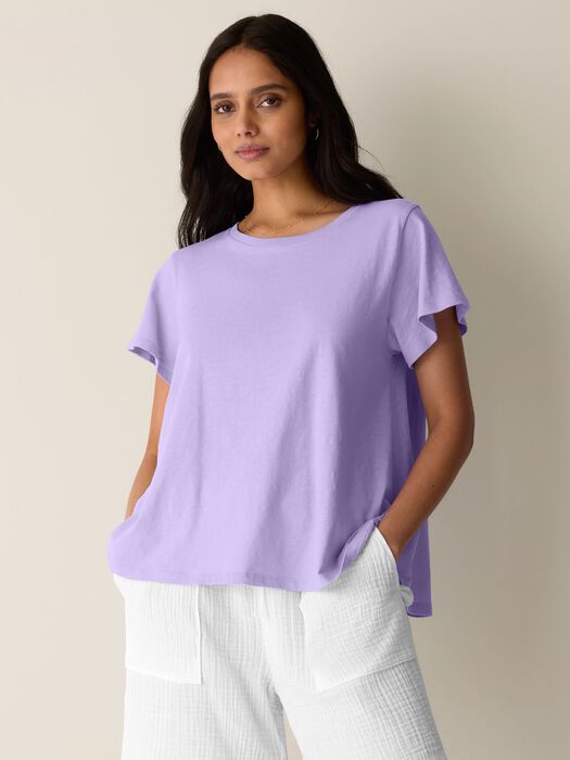 Lavender crew neck cap-sleeve slubby jersey tee, relaxed fit, short sleeves