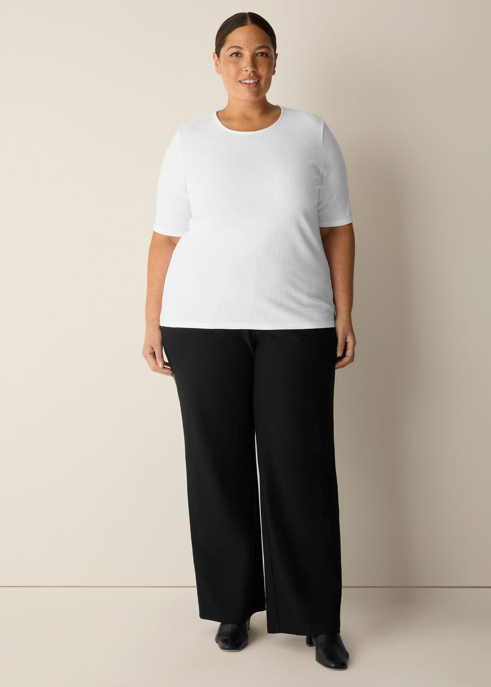front view of plus size Eileen Fisher Cross Hatch Stretch Jersey Crew Neck Elbow Sleeve Top in White