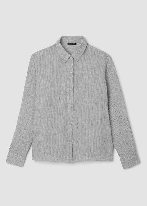White and black striped button-up shirt with classic collar, front view