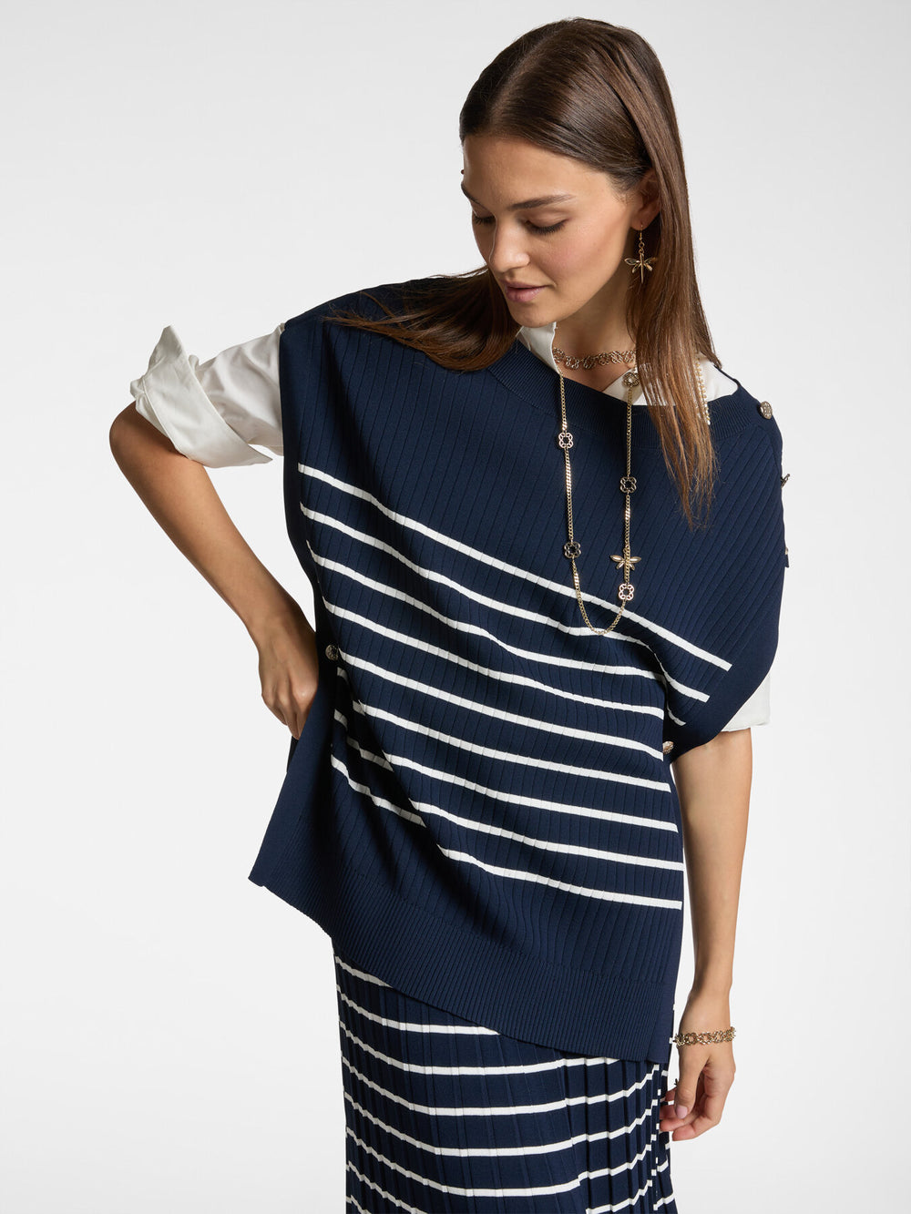Elena Miro button Shoulder Striped Vest in Navy