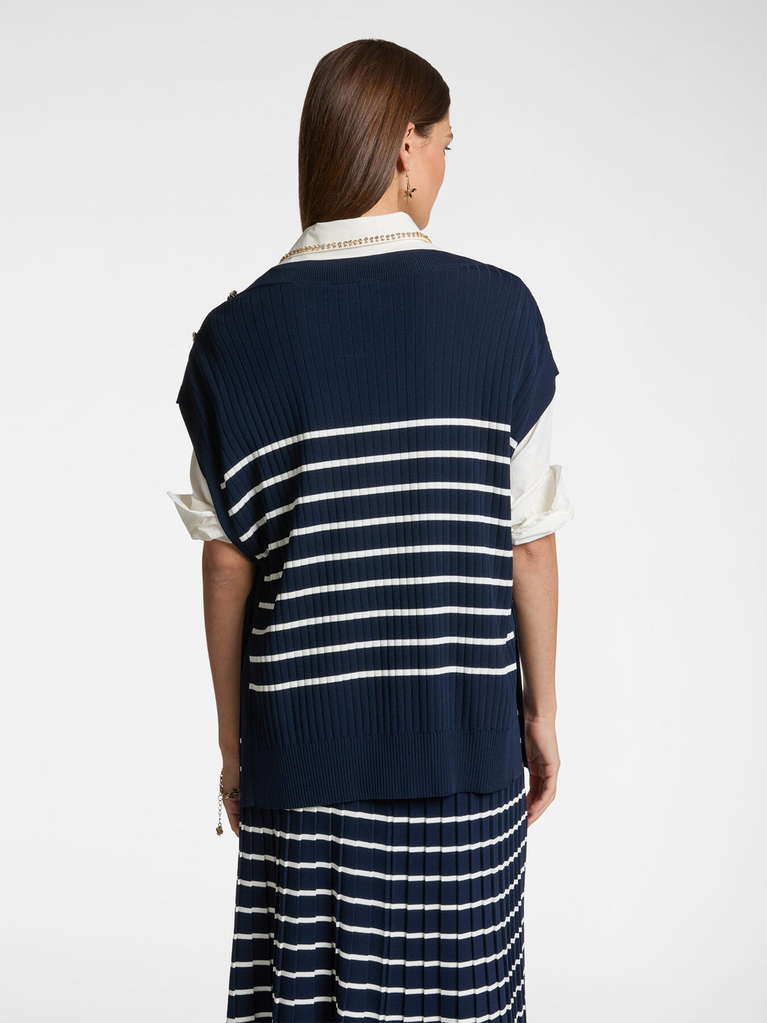 Elena Miro button Shoulder Striped Vest in Navy