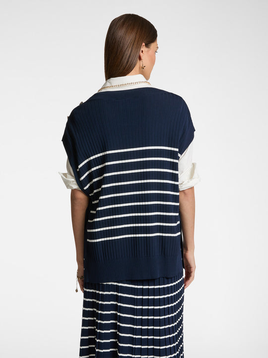 Elena Miro button Shoulder Striped Vest in Navy