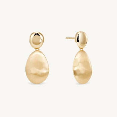 Gold drop earrings with rounded oval dangle and stud backs