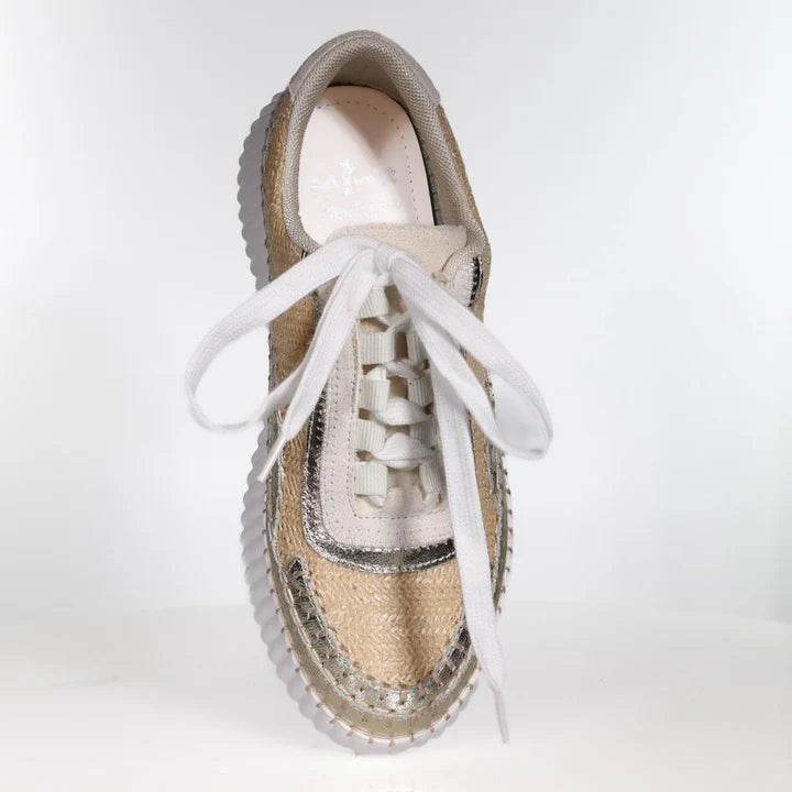 side view of Minx Titch Woven with Leather and Stitch Trim in Gold Metallic
