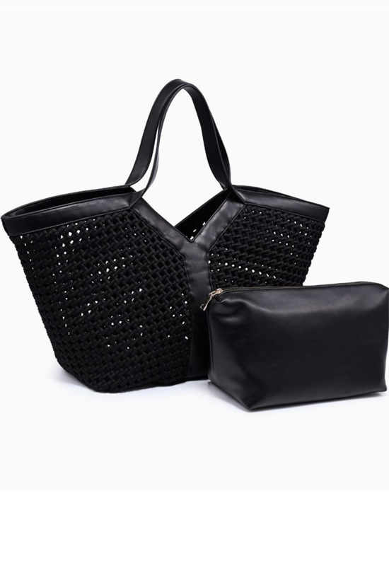 Black perforated tote bag with leather trim and matching zippered pouch accessory