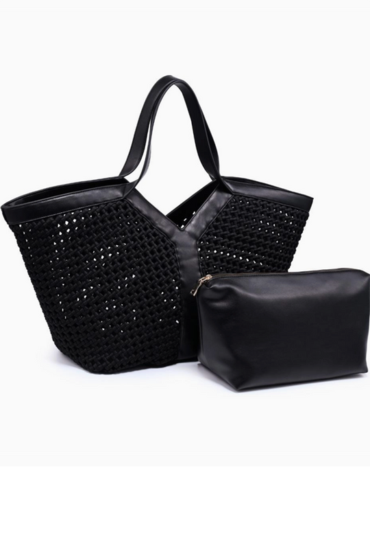 Black perforated tote bag with leather trim and matching zippered pouch accessory