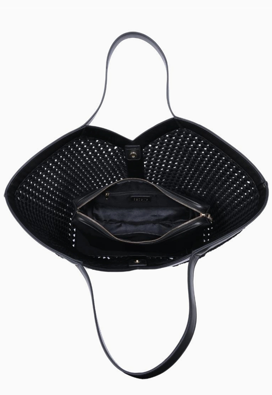 Black perforated tote bag with interior zippered pocket shown open from above