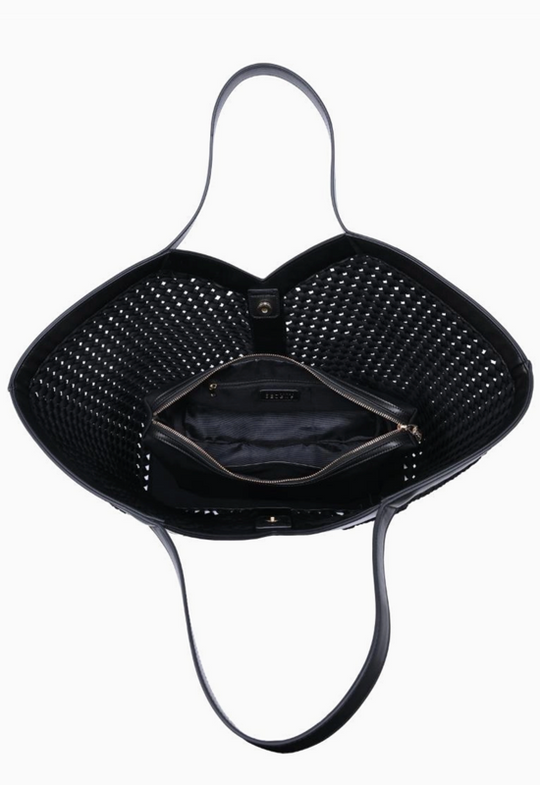 Black perforated tote bag with interior zippered pocket shown open from above
