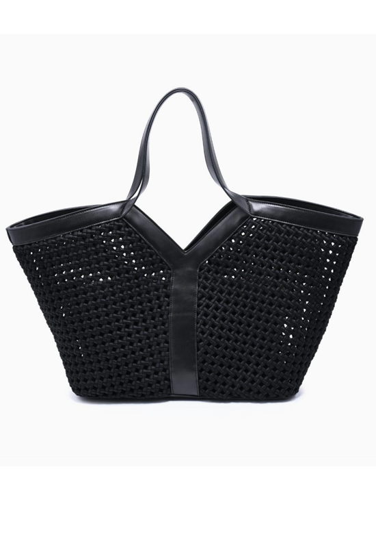 Black perforated tote bag with woven mesh pattern and leather trim handles