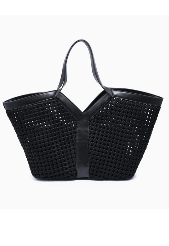 Black perforated tote bag with woven mesh pattern and leather trim handles