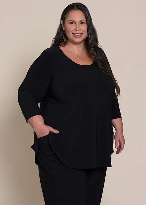 Black scoop-neck tee with 3/4 sleeves and draped relaxed fit
