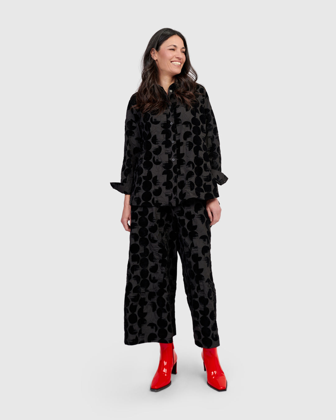 Alembika Crescent Taffeta Velvet Dot A-Line Shirt in Black