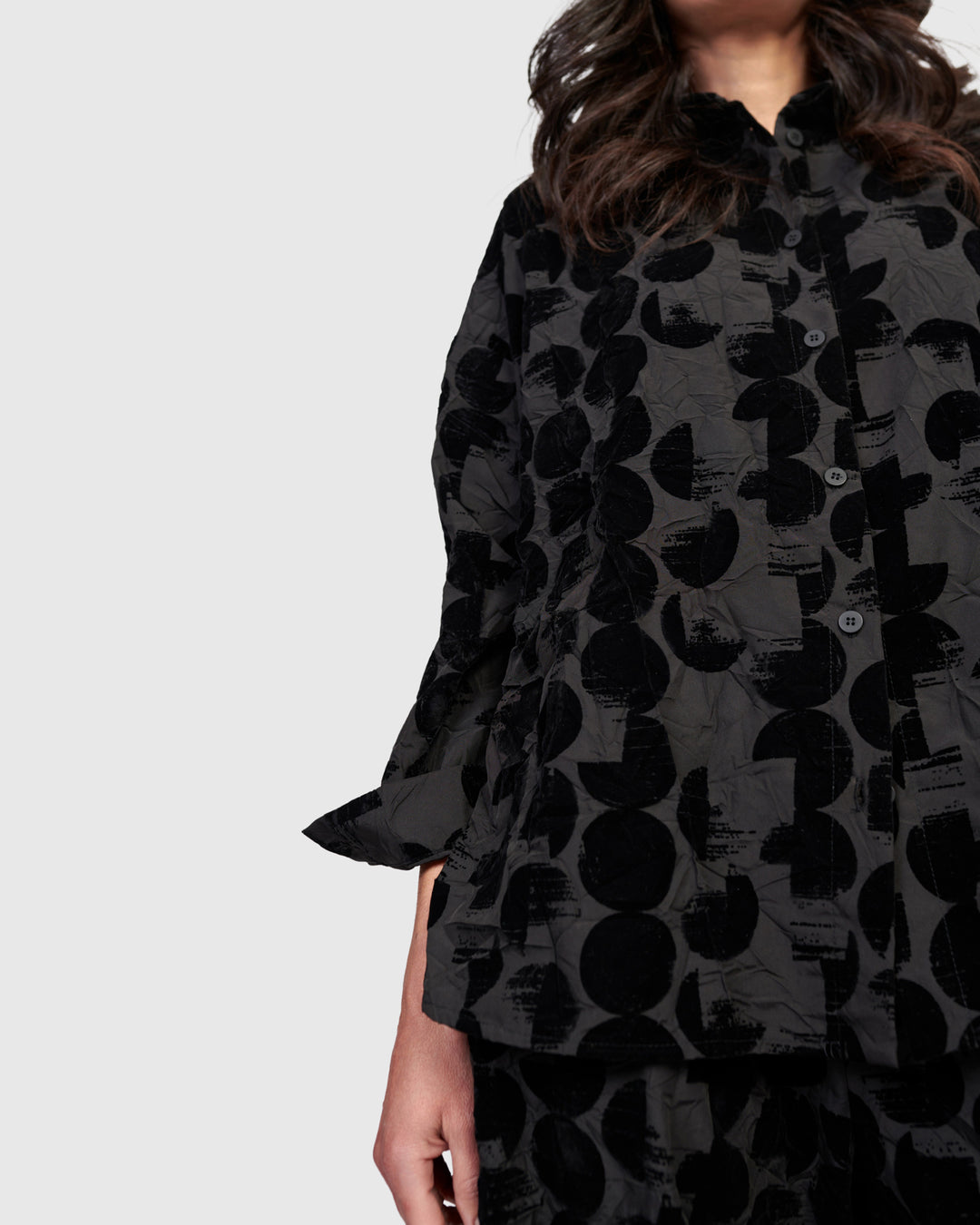 Alembika Crescent Taffeta Velvet Dot A-Line Shirt in Black