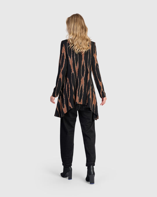 Alembika Long Sleeve Jersey Wood Print Shark Bite Tunic in Wood