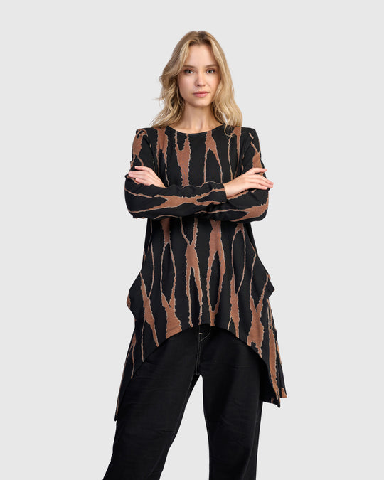 Alembika Long Sleeve Jersey Wood Print Shark Bite Tunic in Wood