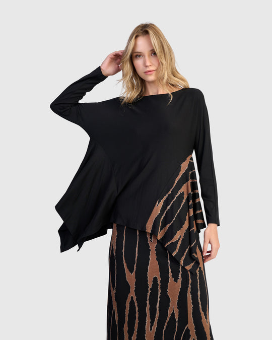 Alembika L/S Jersey Black Tunic with Wood Print insert and Shark Bite Hem in Wood
