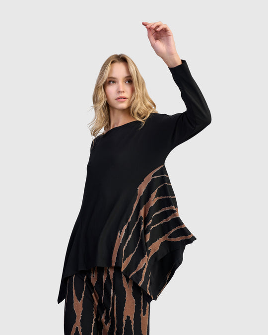 Alembika L/S Jersey Black Tunic with Wood Print insert and Shark Bite Hem in Wood