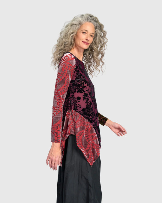 Alembika Burnout Velvet Floral Asymmetrical Hem Tunic in Regal