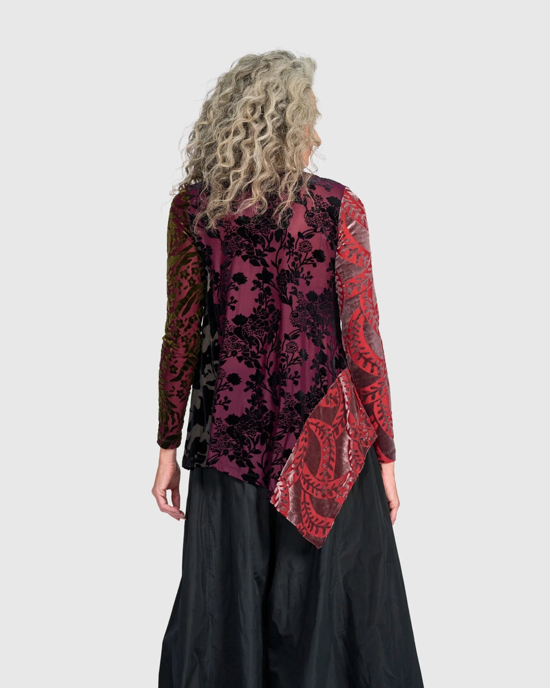 Alembika Burnout Velvet Floral Asymmetrical Hem Tunic in Regal