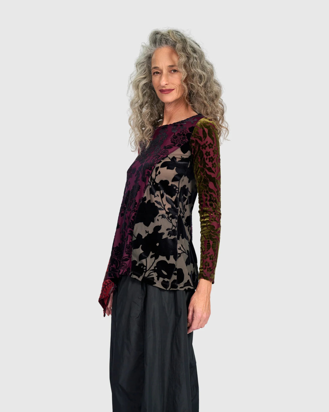 Alembika Burnout Velvet Floral Asymmetrical Hem Tunic in Regal