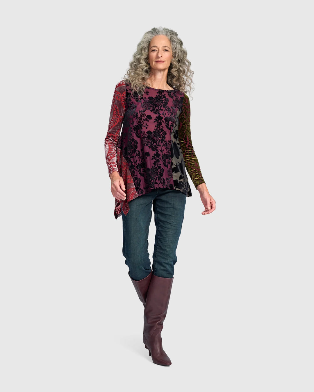 Alembika Burnout Velvet Floral Asymmetrical Hem Tunic in Regal