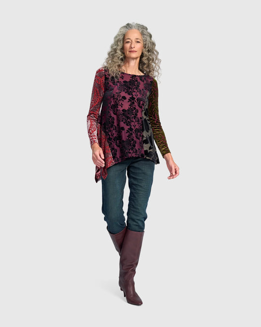 Alembika Burnout Velvet Floral Asymmetrical Hem Tunic in Regal