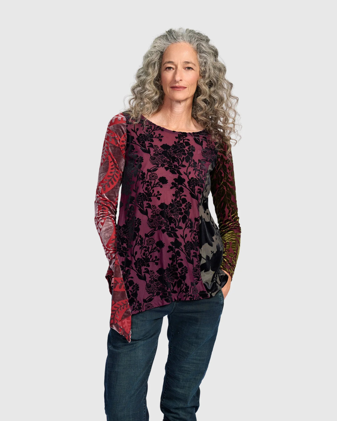 Alembika Burnout Velvet Floral Asymmetrical Hem Tunic in Regal