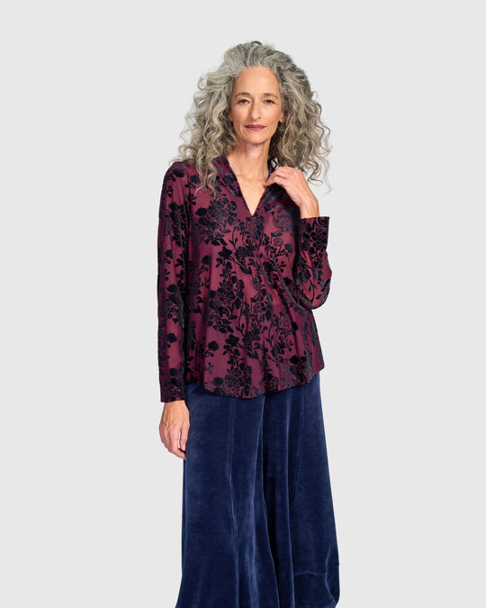 Alembika Blackberry Velvet Floral Burnout Velvet Top in Regal