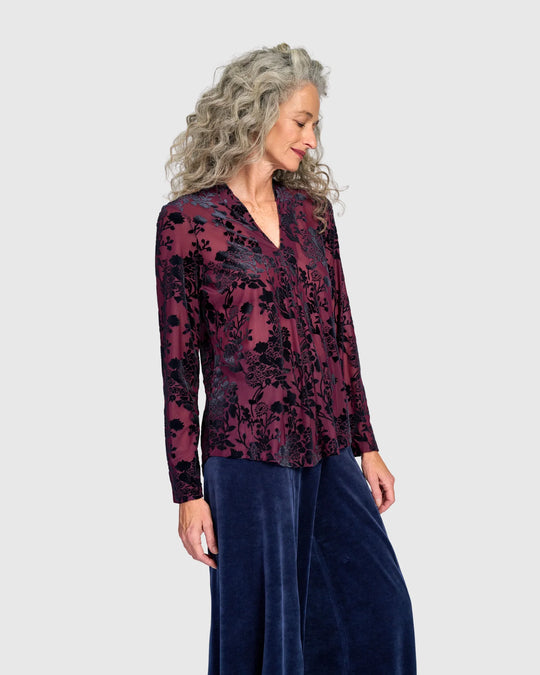 Alembika Blackberry Velvet Floral Burnout Velvet Top in Regal