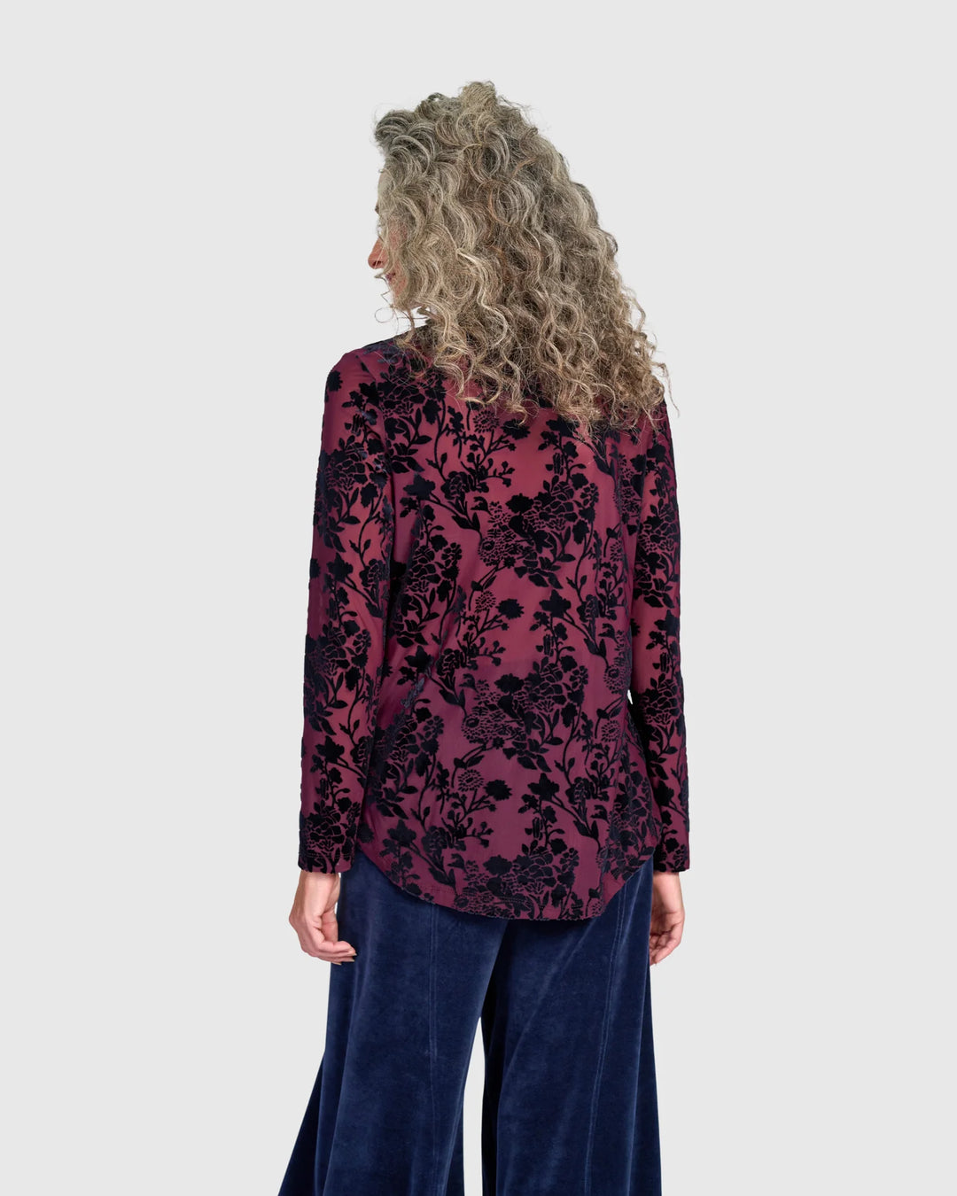Alembika Blackberry Velvet Floral Burnout Velvet Top in Regal