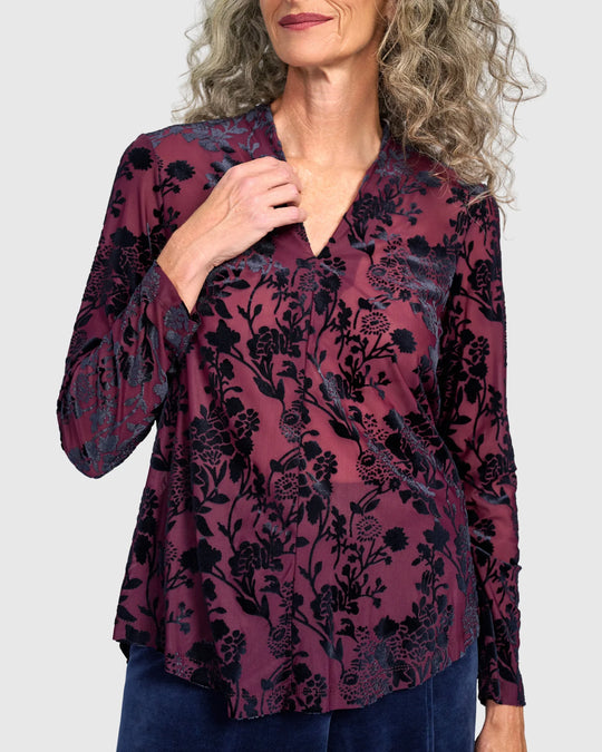 Alembika Blackberry Velvet Floral Burnout Velvet Top in Regal