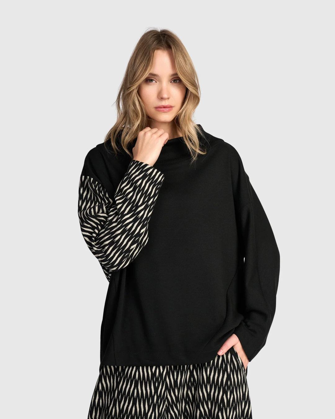 Alembika Heavy Jersey Top with Solid Black Front Asymmetric Insert on Back in Flow