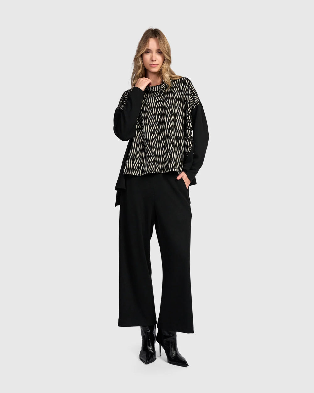 Alembika Wide Cowl Pattern Front Top with Solid Black Sleeve and Back in Flow