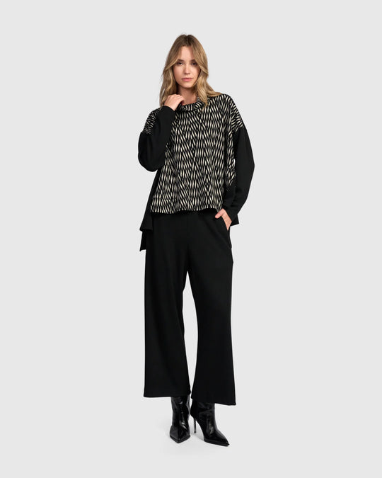 Alembika Wide Cowl Pattern Front Top with Solid Black Sleeve and Back in Flow