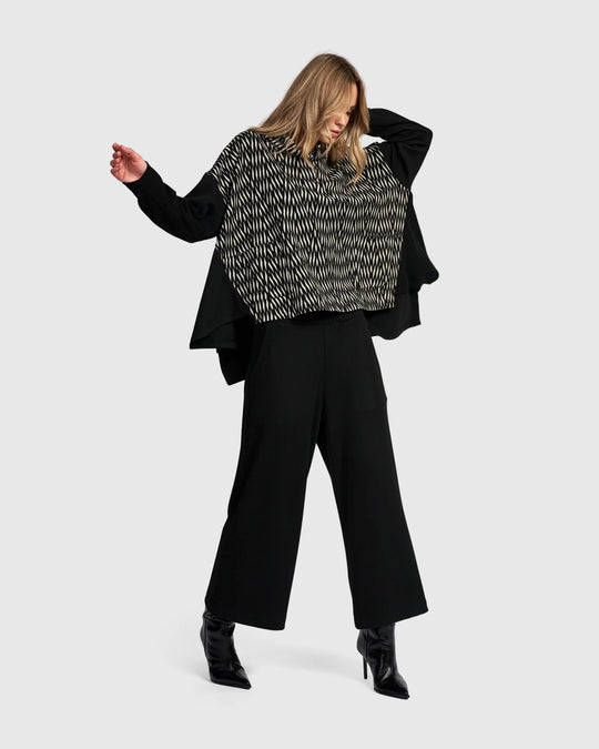 Alembika Wide Cowl Pattern Front Top with Solid Black Sleeve and Back in Flow