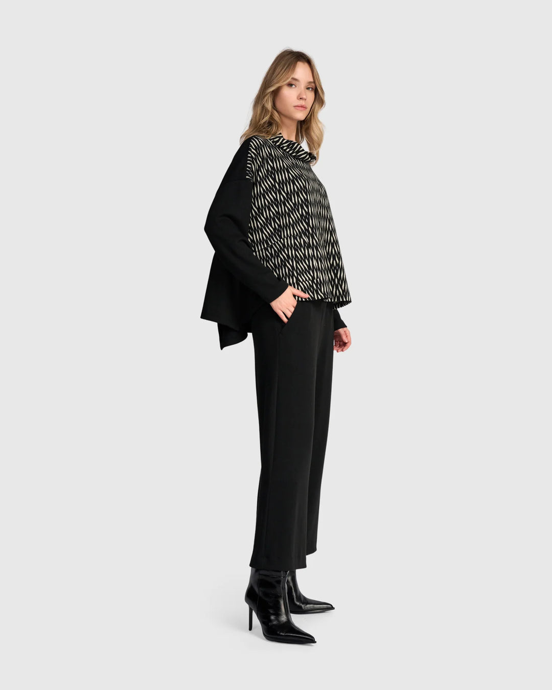 Alembika Wide Cowl Pattern Front Top with Solid Black Sleeve and Back in Flow