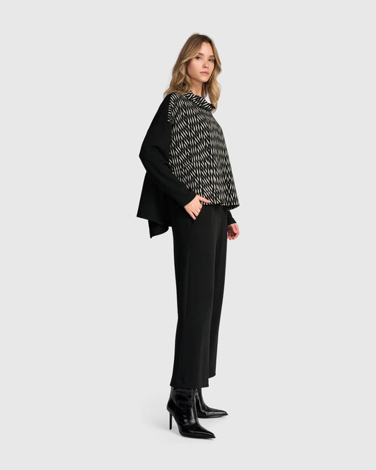 Alembika Wide Cowl Pattern Front Top with Solid Black Sleeve and Back in Flow
