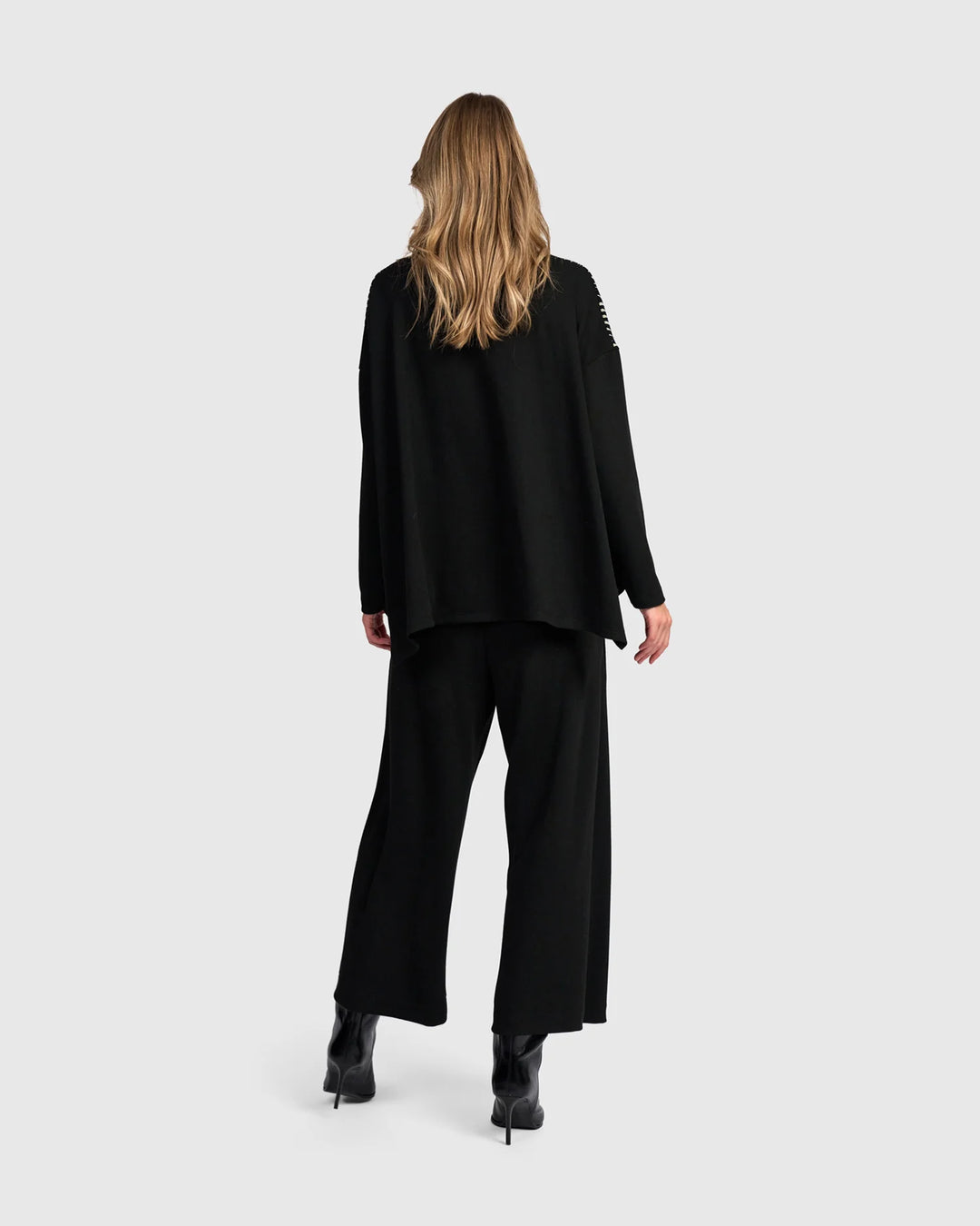 Alembika Wide Cowl Pattern Front Top with Solid Black Sleeve and Back in Flow