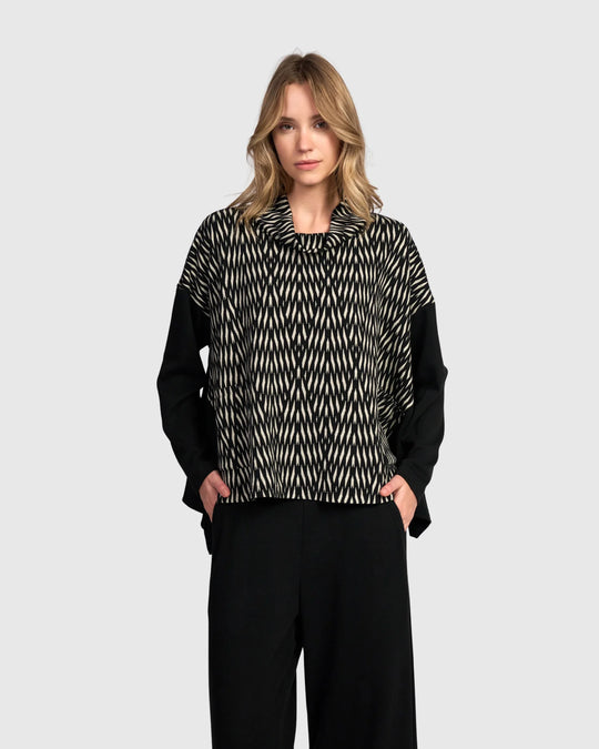 Alembika Wide Cowl Pattern Front Top with Solid Black Sleeve and Back in Flow