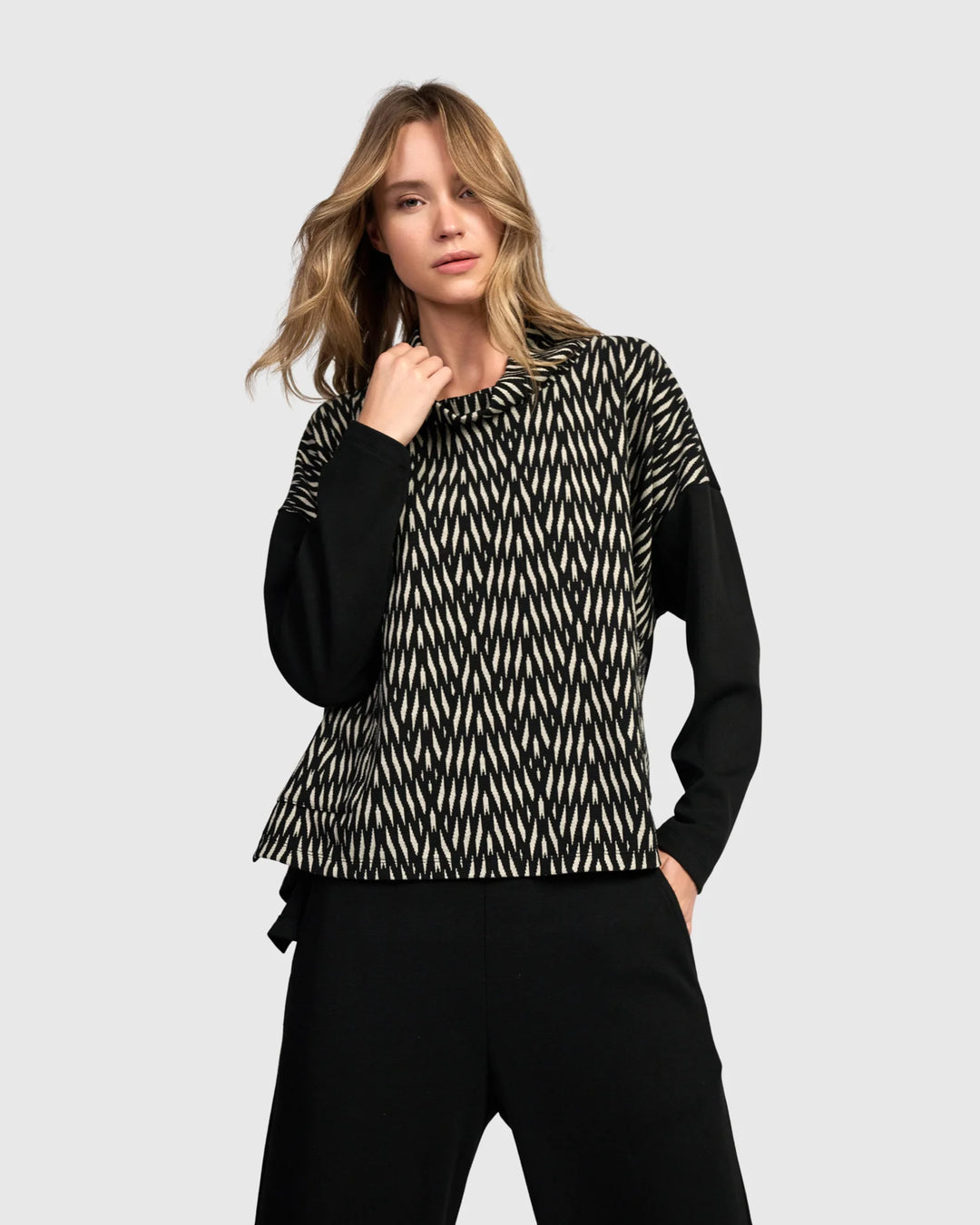 Alembika Wide Cowl Pattern Front Top with Solid Black Sleeve and Back in Flow