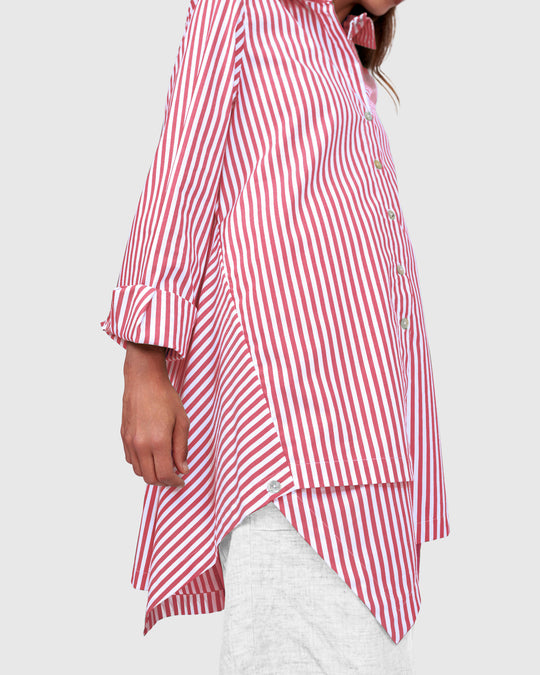 Pink striped cotton shirt with stepped asymmetrical hem and buttoned cuffs