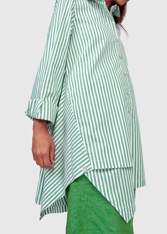 close up side view of plus size Alembika Striped Cotton Asymmetric Hem Shirt in Green
