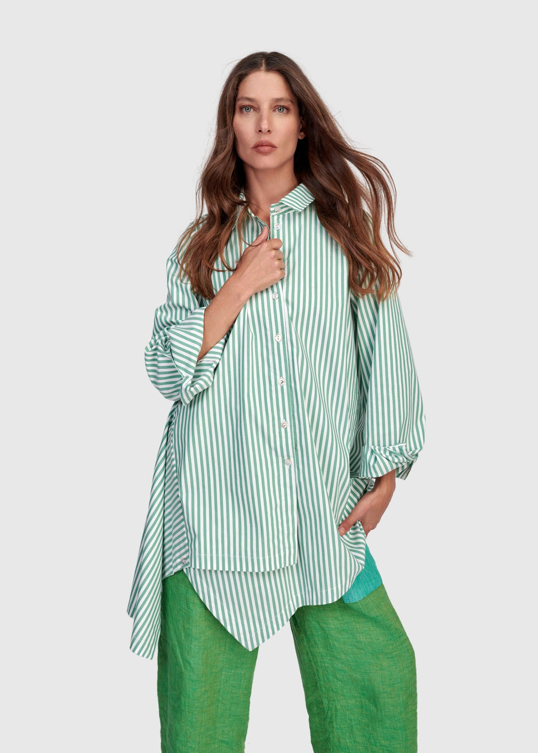 front view of plus size Alembika Striped Cotton Asymmetric Hem Shirt in Green