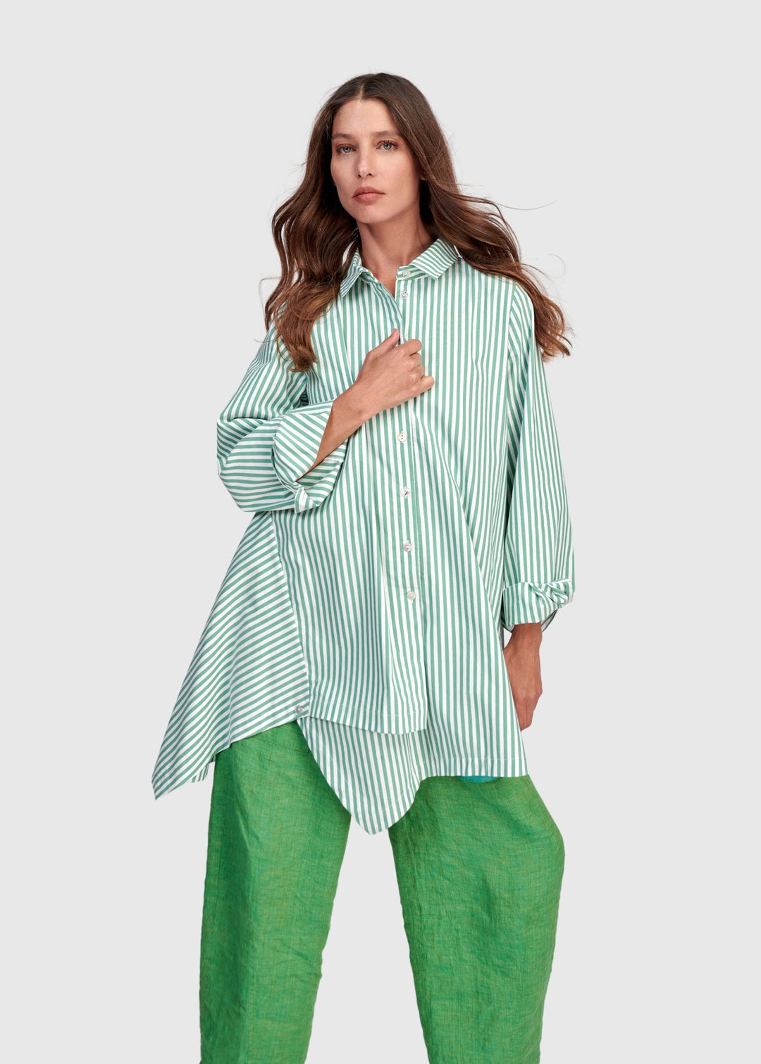front view of plus size Alembika Striped Cotton Asymmetric Hem Shirt in Green