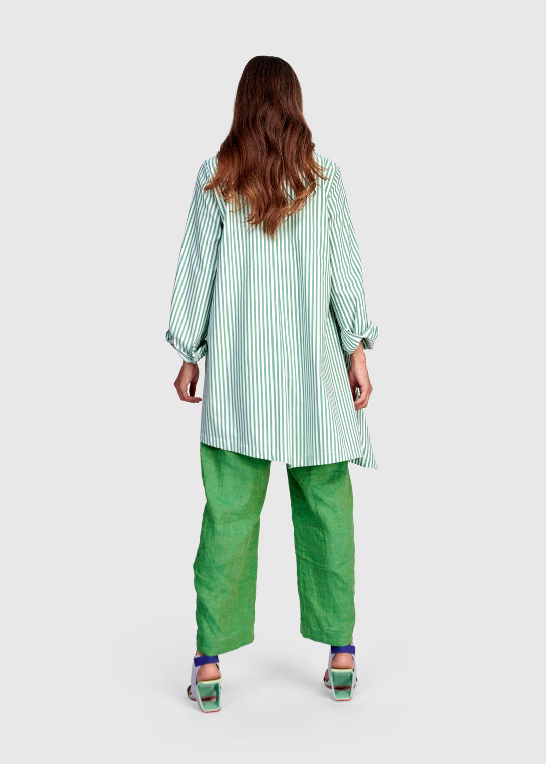 back view of plus size Alembika Striped Cotton Asymmetric Hem Shirt in Green
