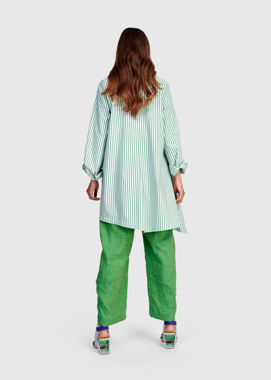 back view of plus size Alembika Striped Cotton Asymmetric Hem Shirt in Green