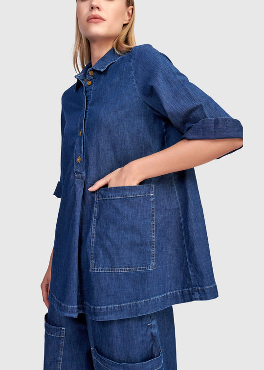 front view of plus size Alembika Denim 1/2 Placket Tunic with Elbow Sleeve in Denim