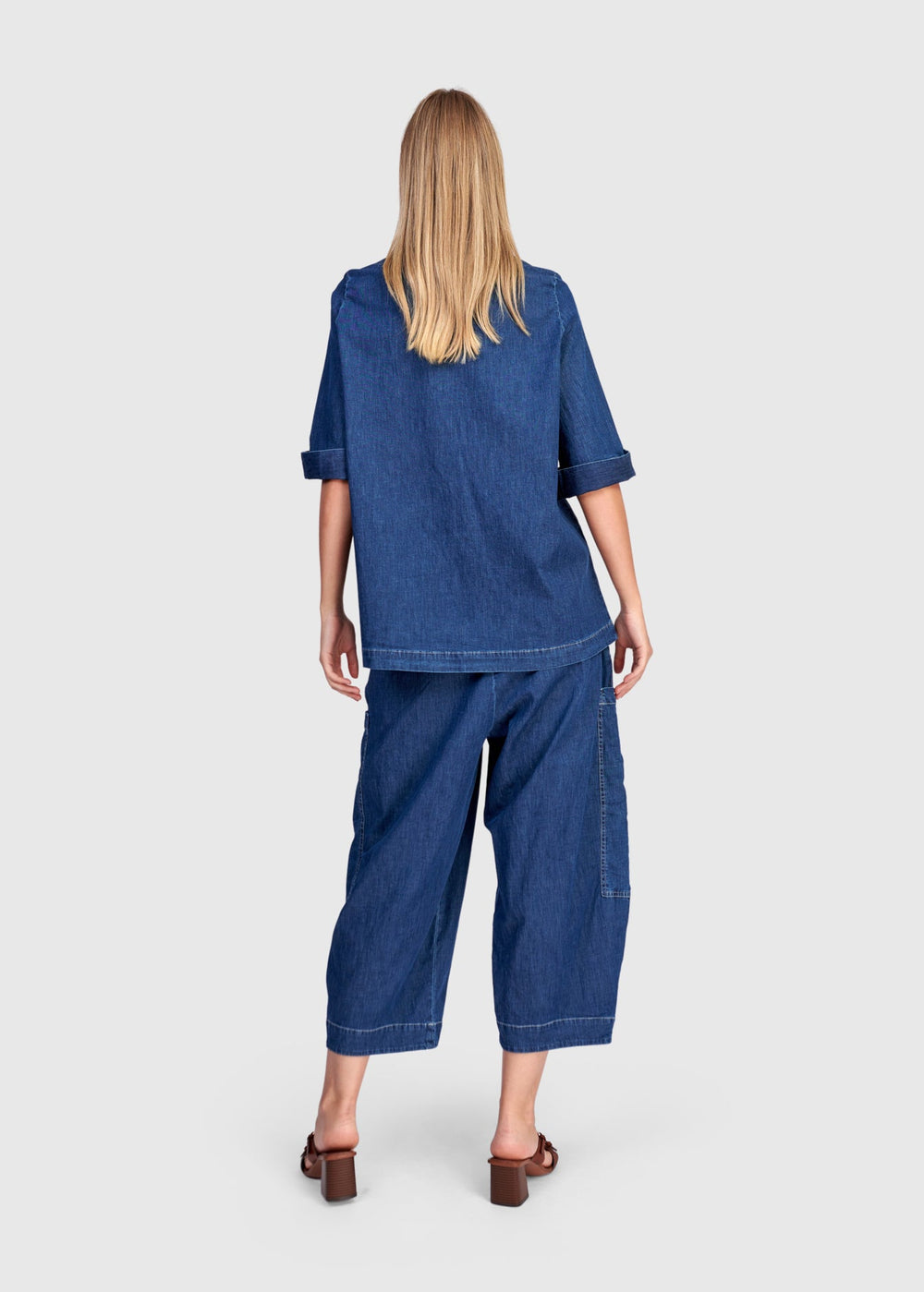 back view of plus size Alembika Denim 1/2 Placket Tunic with Elbow Sleeve in Denim