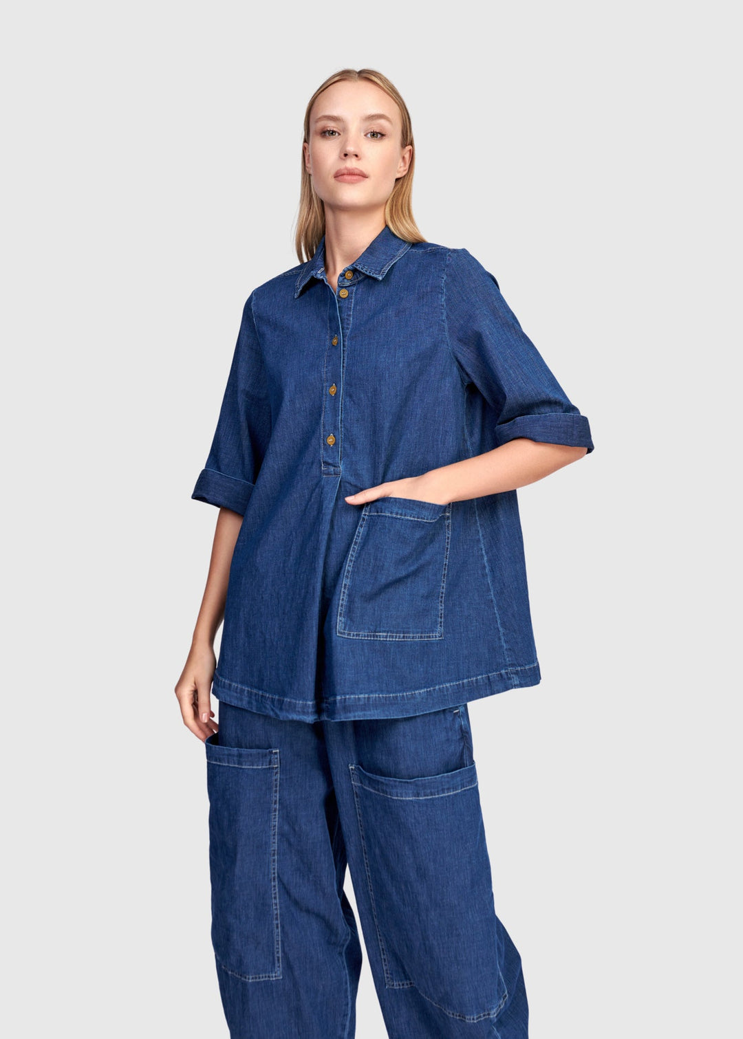 front view of plus size Alembika Denim 1/2 Placket Tunic with Elbow Sleeve in Denim