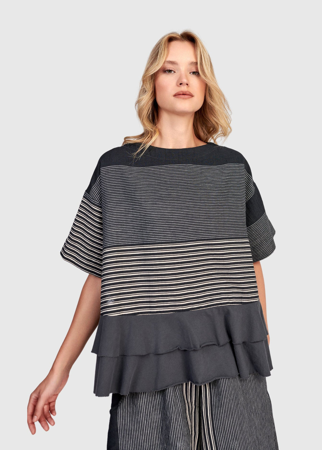 front view of plus size Alembika Mix Stripe Jersey Top with Ruffle Hem
